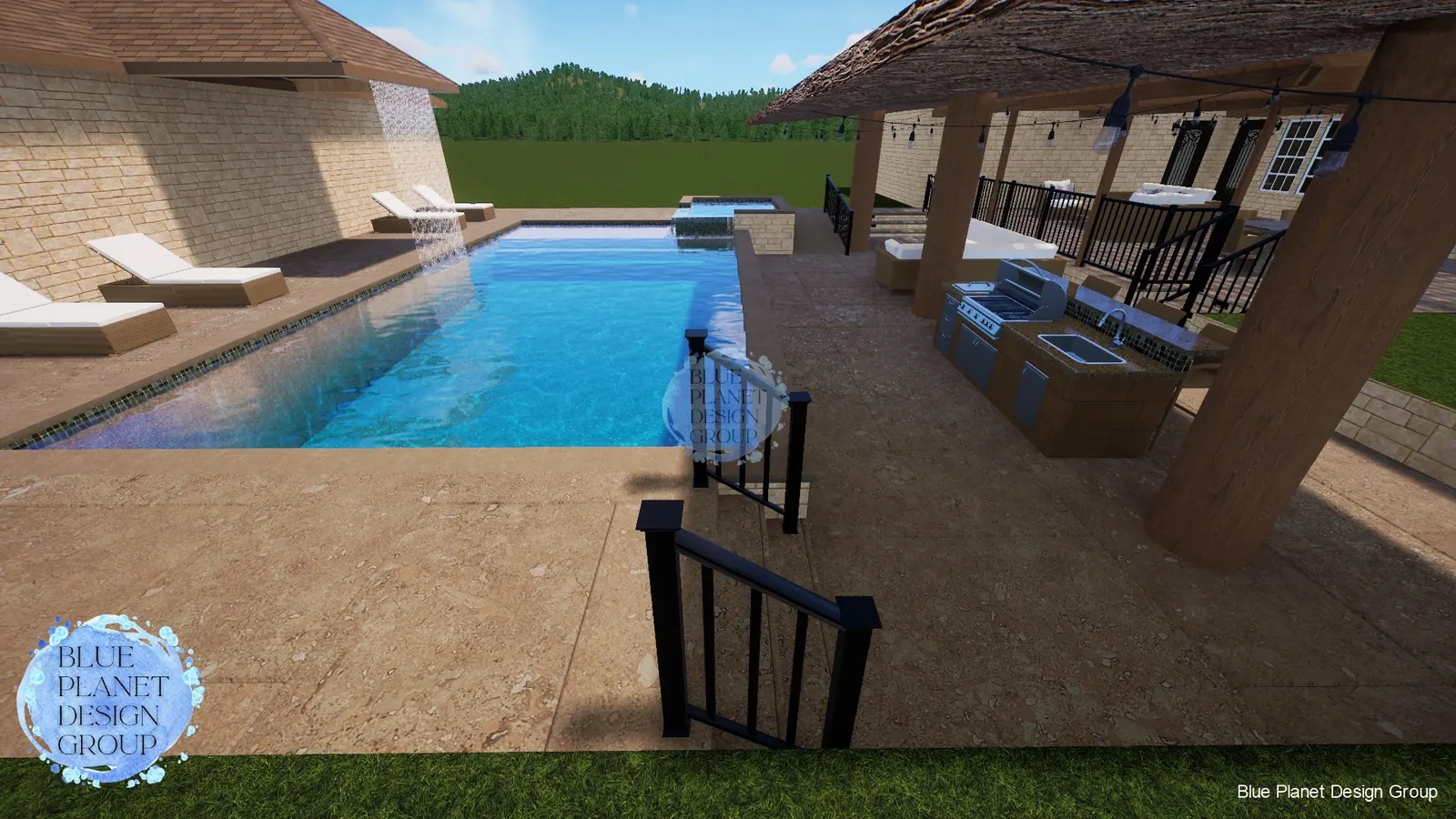 Lakefront freeform pool rendering